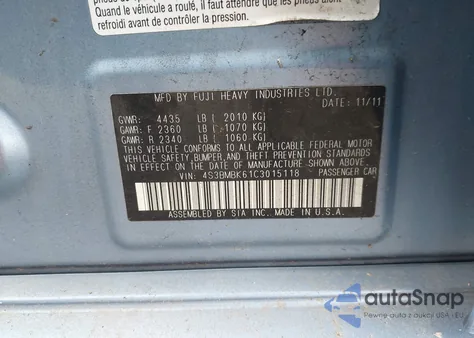 2012 Subaru Legacy 2.5I Limited from USA, damaged, VIN 4S3BMBK61C3015118